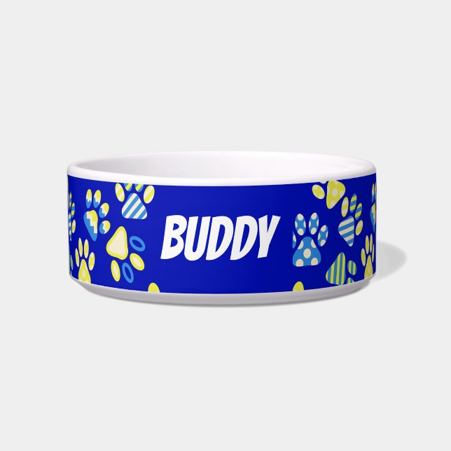 Bright Blue Paw Print Personalized Bowl (Front)