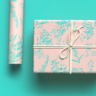 Bright Blue & Peach Wildflower lower Line Art Wrapping Paper Sheet