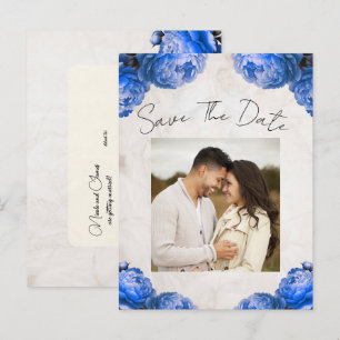 Bright Blue Peony Flowers Vintage Save the Date Announcement Postcard