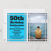 Bright Blue Photo 50th Birthday Party Invitation