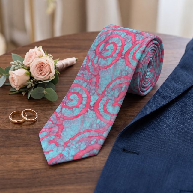 Bright Blue Pink Funky Batik Spirals Pattern Tie (Creator Uploaded)