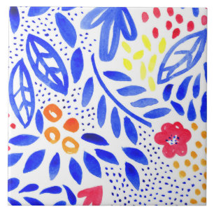 Bright Blue Pink Spring Floral Pattern Tile