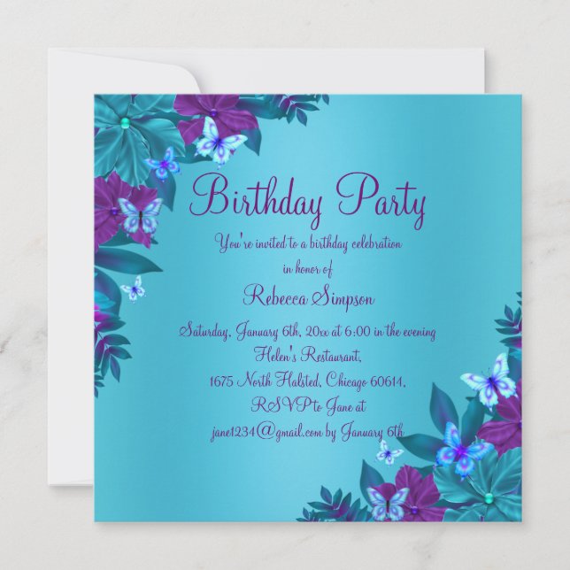 Bright Blue & Purple Butterfly Birthday Invite (Front)