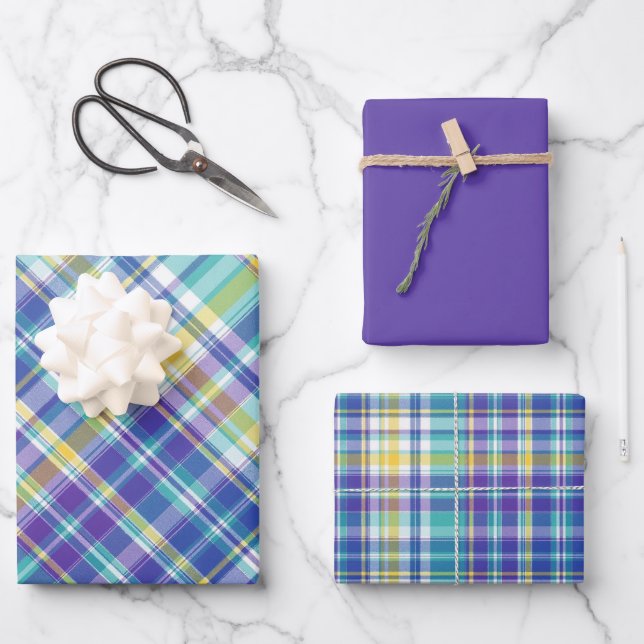 Bright Blue, Purple, Green, Yellow & White Plaid Wrapping Paper Sheet (Front)
