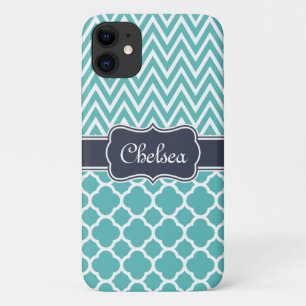 Bright Blue Quatrefoil Chevron Patterns Navy Name iPhone 11 Case