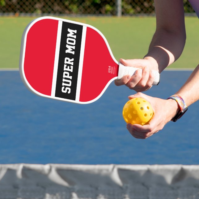 Bright Blue Red Black White Stripes SUPER MOM Text Pickleball Paddle (Insitu)