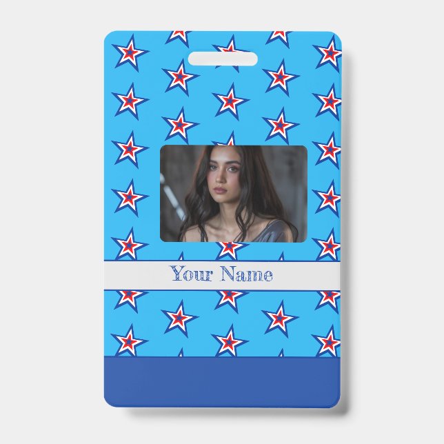 Bright Blue Red & White Star Pattern  Badge (Front)