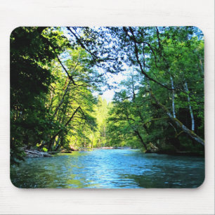 Bright Blue River Under Green Trees in Washington Mouse Pad