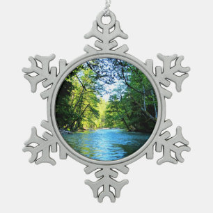 Bright Blue River Under Green Trees in Washington Snowflake Pewter Christmas Ornament
