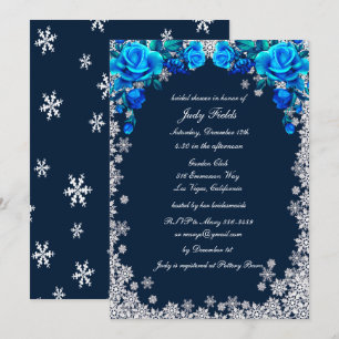 Bright Blue Rose Snowflake Christmas Bridal Shower Invitation