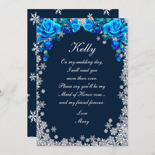 Bright Blue Rose Snowflake Christmas Maid Of Honou Invitation