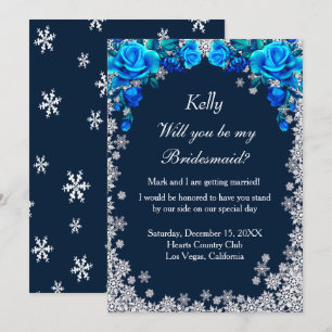 Bright Blue Roses Snowflake Christmas Bridesmaid Invitation