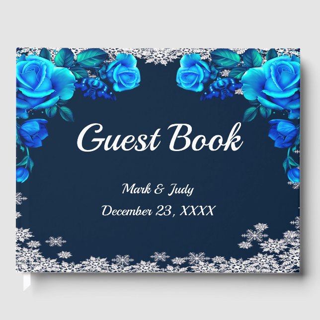 Bright Blue Roses Snowflake Christmas Guest Book (Front)