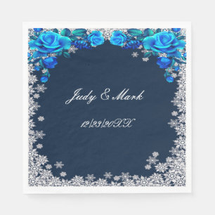 Bright Blue Roses Snowflake Christmas Napkin