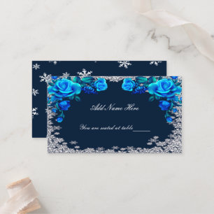 Bright Blue Roses Snowflake Christmas Place Card