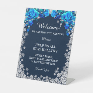 Bright Blue Roses Snowflake Safety Measure Pedestal Sign