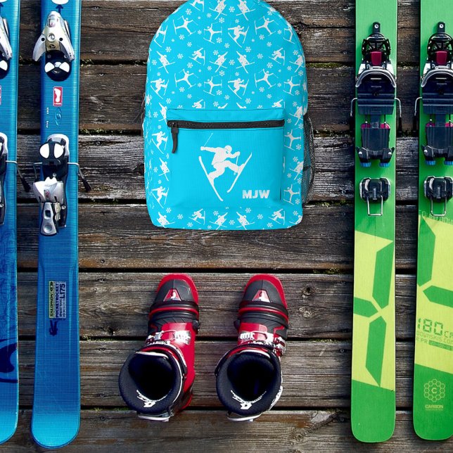 Bright Blue Skiers and Ski Tricks Winter Themed Printed Backpack (Creator Uploaded)