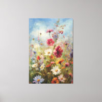 Bright Blue Sky over Wildflower Field Oil Painting