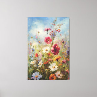 Bright Blue Sky over Wildflower Field Oil Painting Canvas Print