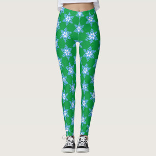 Bright Blue Snowflakes on Bright Green Leggings