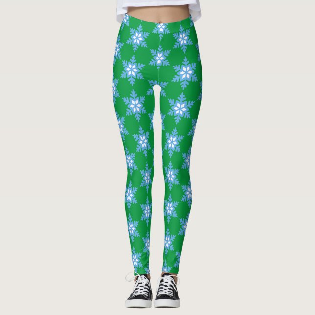 Bright Blue Snowflakes on Bright Green Leggings (Front)