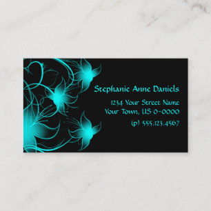 Bright Blue Swirly Flowers on Black Business Card