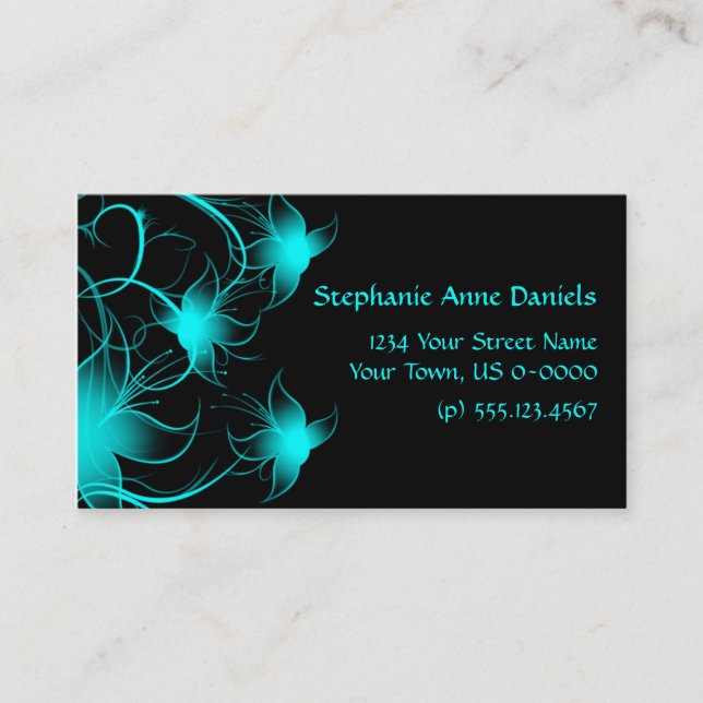 Bright Blue Swirly Flowers on Black Business Card (Front)