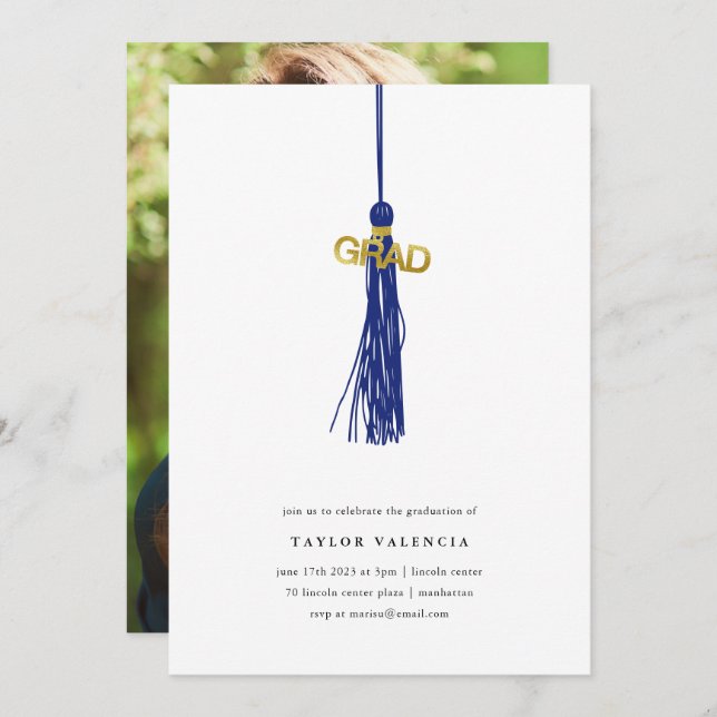 Bright Blue Tassel Graduation Party Photo Custom Invitation (Front/Back)