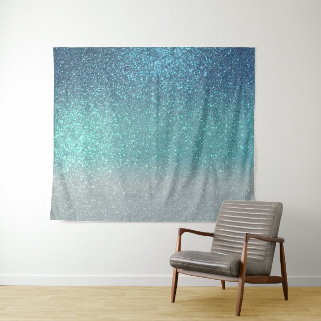 Bright Blue Teal Sparkly Glitter Ombre Gradient Tapestry (In Situ (Horizontal))