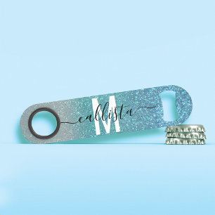 Bright Blue Teal Sparkly Glitter Ombre Monogram Bar Key