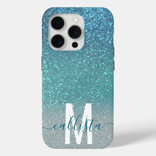 Bright Blue Teal Sparkly Glitter Ombre Monogram Case-Mate iPhone Case (Back)