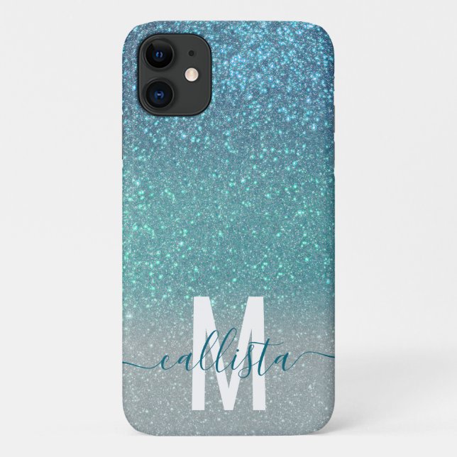 Bright Blue Teal Sparkly Glitter Ombre Monogram Case-Mate iPhone Case (Back)