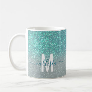 Bright Blue Teal Sparkly Glitter Ombre Monogram Coffee Mug