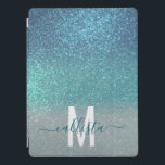 Bright Blue Teal Sparkly Glitter Ombre Monogram iPad Pro Cover<br><div class="desc">This elegant, glamourous, and chic print is perfect for the trendy and stylish girly girl. It features a faux printed sparkly bright blue glitter into teal green into pastel blue triple gradient ombre. It's modern, pretty, girly, unique, and cool. Just customize this design with your own personalized monogram family name...</div>