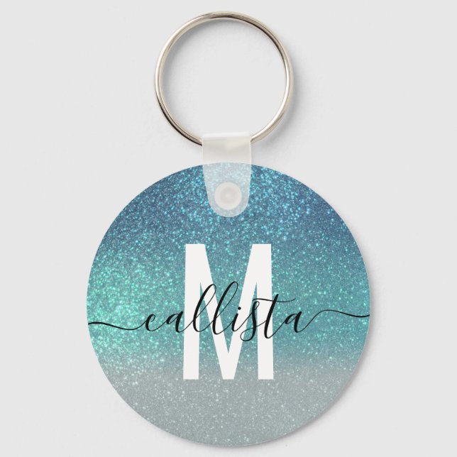 Bright Blue Teal Sparkly Glitter Ombre Monogram Keychain (Front)