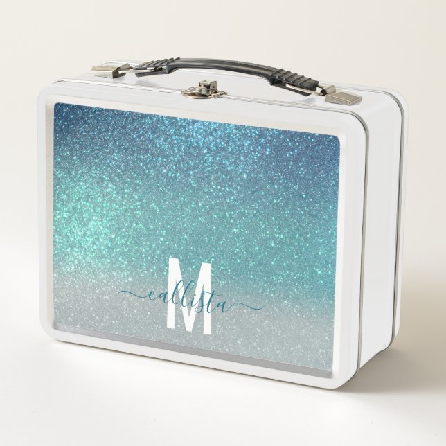 Bright Blue Teal Sparkly Glitter Ombre Monogram Metal Lunch Box (Front)