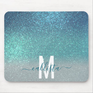 Bright Blue Teal Sparkly Glitter Ombre Monogram Mouse Pad