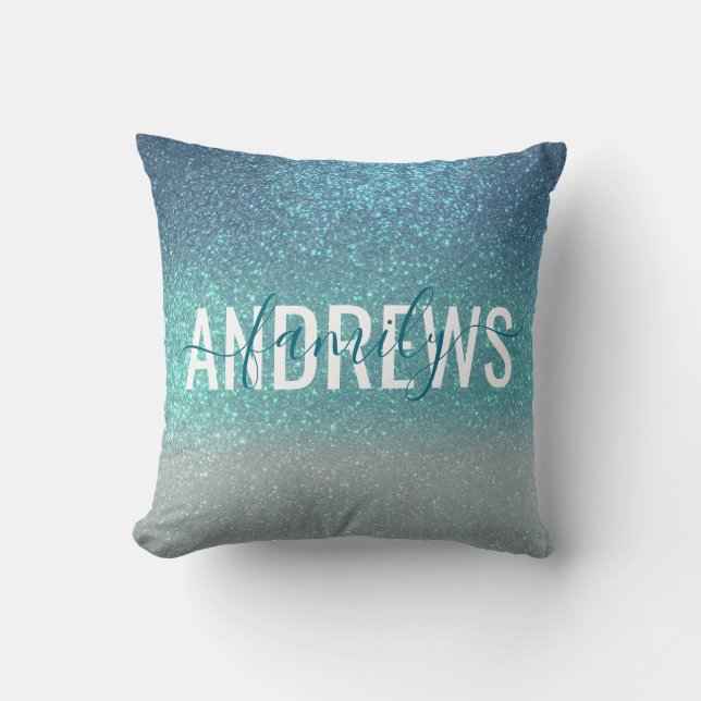 Bright Blue Teal Sparkly Glitter Ombre Monogram Throw Pillow (Front)