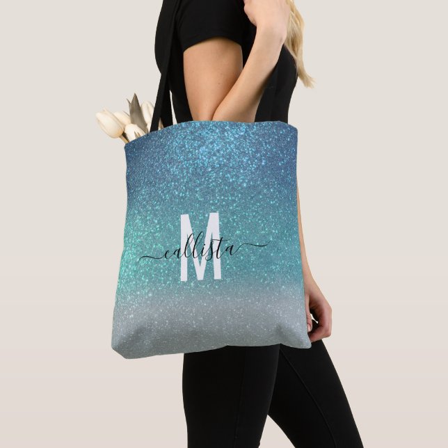 Bright Blue Teal Sparkly Glitter Ombre Monogram Tote Bag (Close Up)