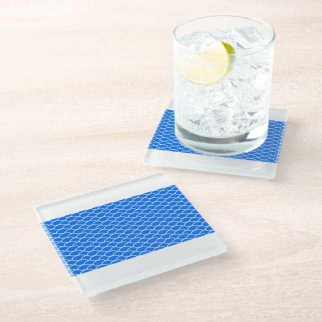 Bright Blue Tiled Geometric Waves White Borders Glass Coaster (Angled)