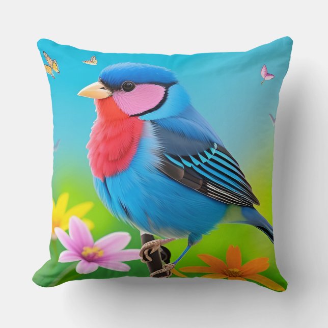 🌺 Bright Blue Tit Floral Design Gift For Her 🐦 Throw Pillow (Front)