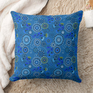 Bright blue traditional ethnic folklore pattern throw pillow