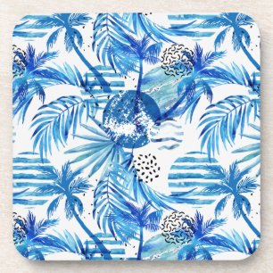 Bright Blue Tropical Watercolor Pattern Coaster