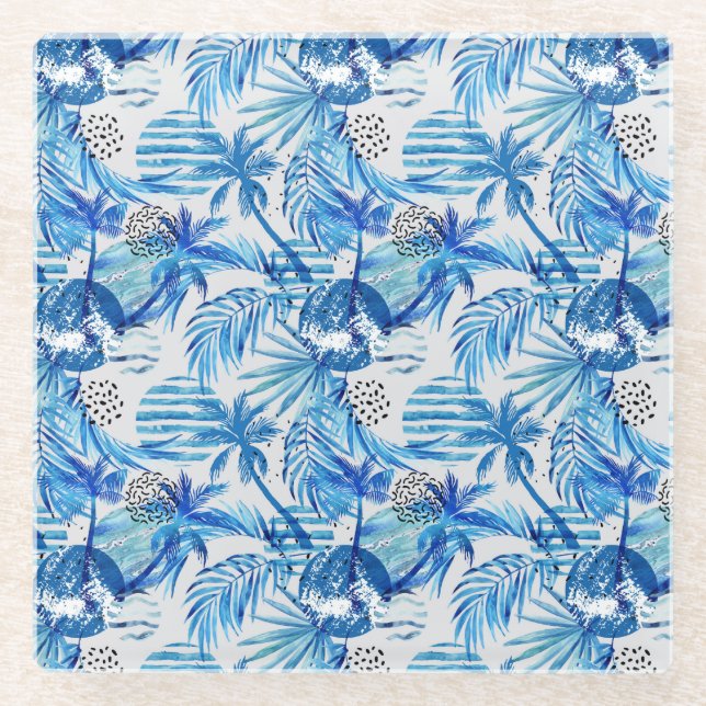 Bright Blue Tropical Watercolor Pattern Glass Coaster (Front)