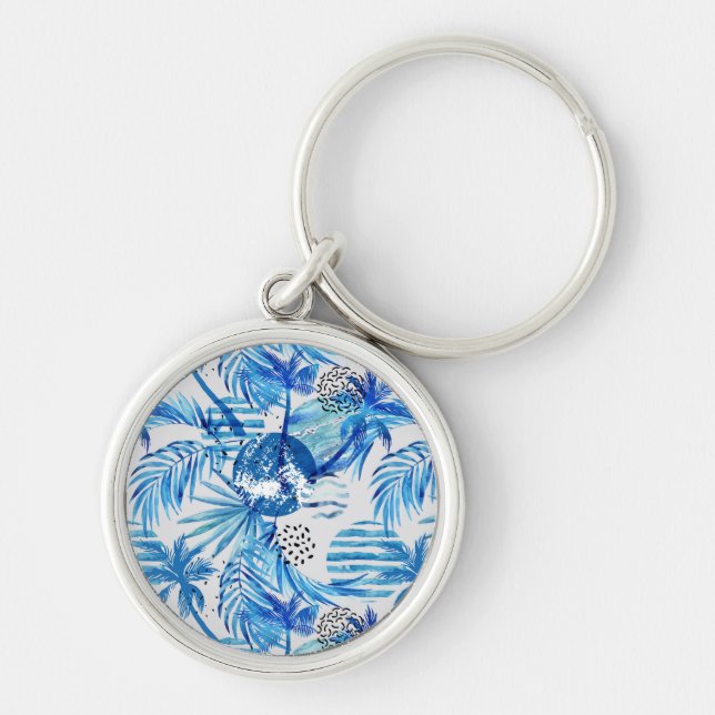 Bright Blue Tropical Watercolor Pattern Keychain (Front)