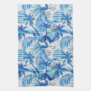 Bright Blue Tropical Watercolor Pattern Kitchen Towel