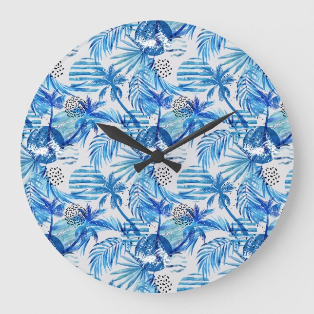 Bright Blue Tropical Watercolor Pattern Large Clock (Front)