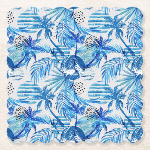 Bright Blue Tropical Watercolor Pattern Paper Coaster