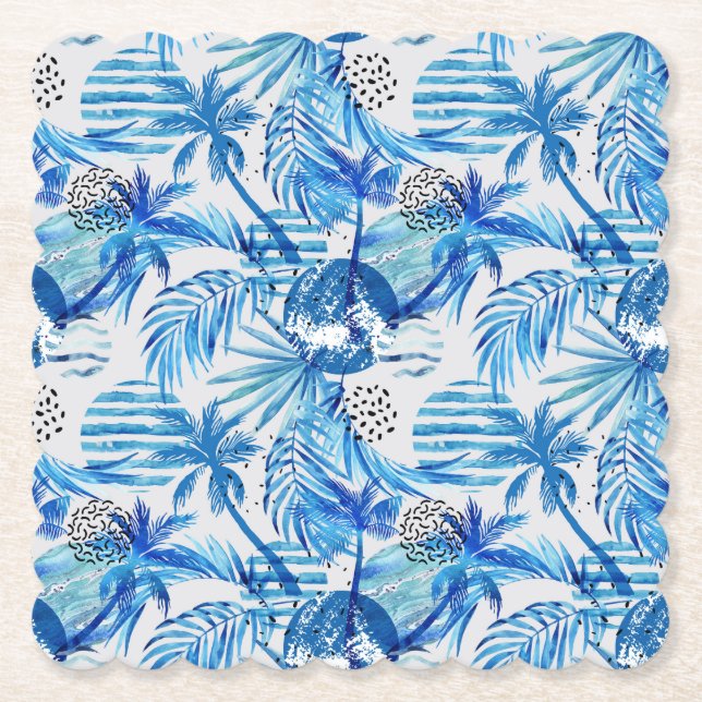Bright Blue Tropical Watercolor Pattern Paper Coaster (Front)