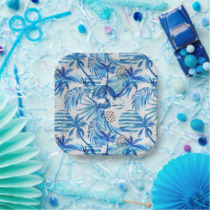 Bright Blue Tropical Watercolor Pattern Paper Plate